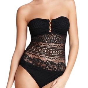 Ralph Lauren Women's Swimsuit Crochet One Piece Bandeau Black 12 straple…